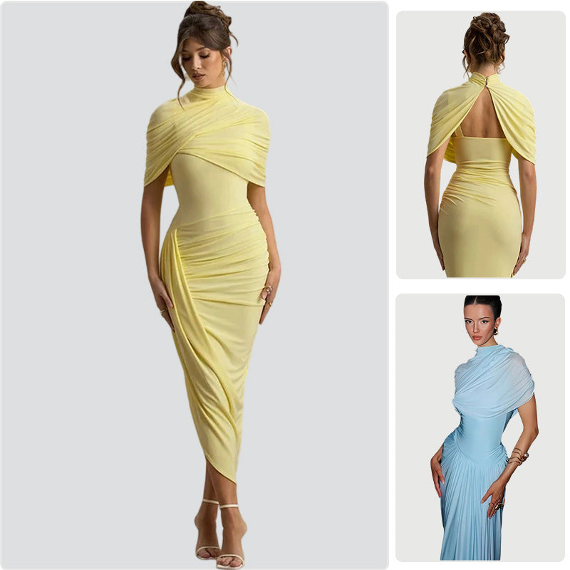 Kvinnors Elegant Maxi Klänning med Asymmetrisk Topp och Mjuk Drapering-Eva Jonsson