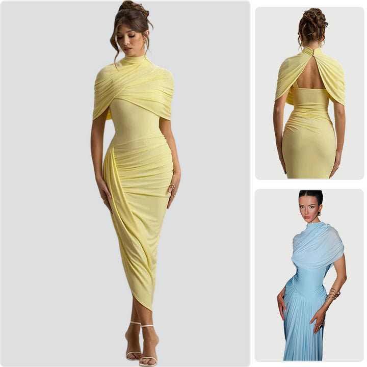 Kvinnors Elegant Maxi Klänning med Asymmetrisk Topp och Mjuk Drapering-Eva Jonsson