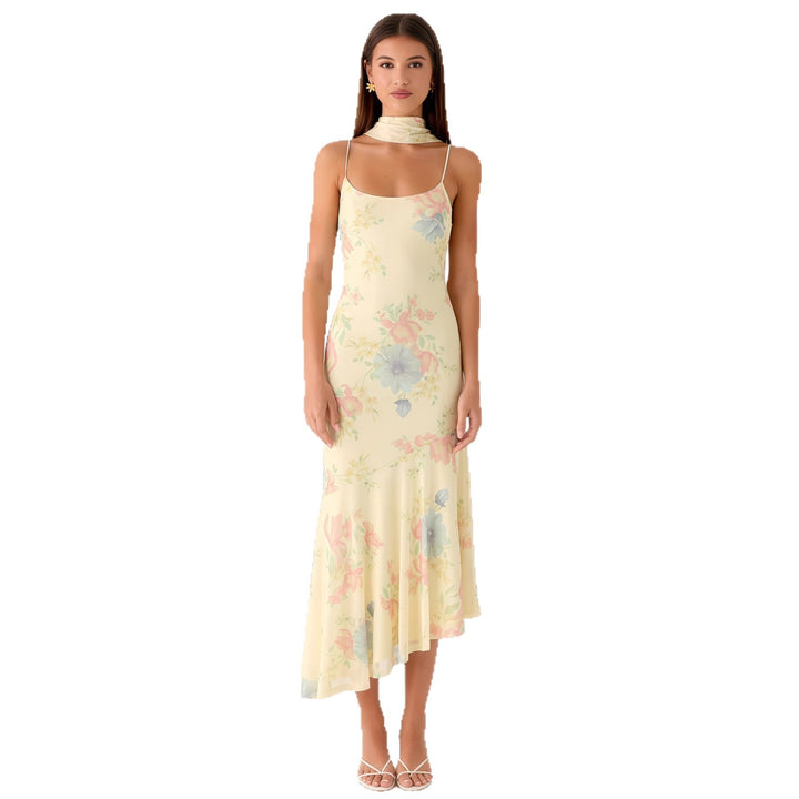 Kvinnors Elegant Maxi Klänning med Blommig Chiffon Design och Halterneck Skärning-Eva Jonsson