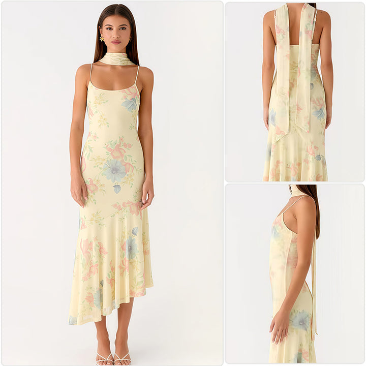 Kvinnors Elegant Maxi Klänning med Blommig Chiffon Design och Halterneck Skärning-Eva Jonsson
