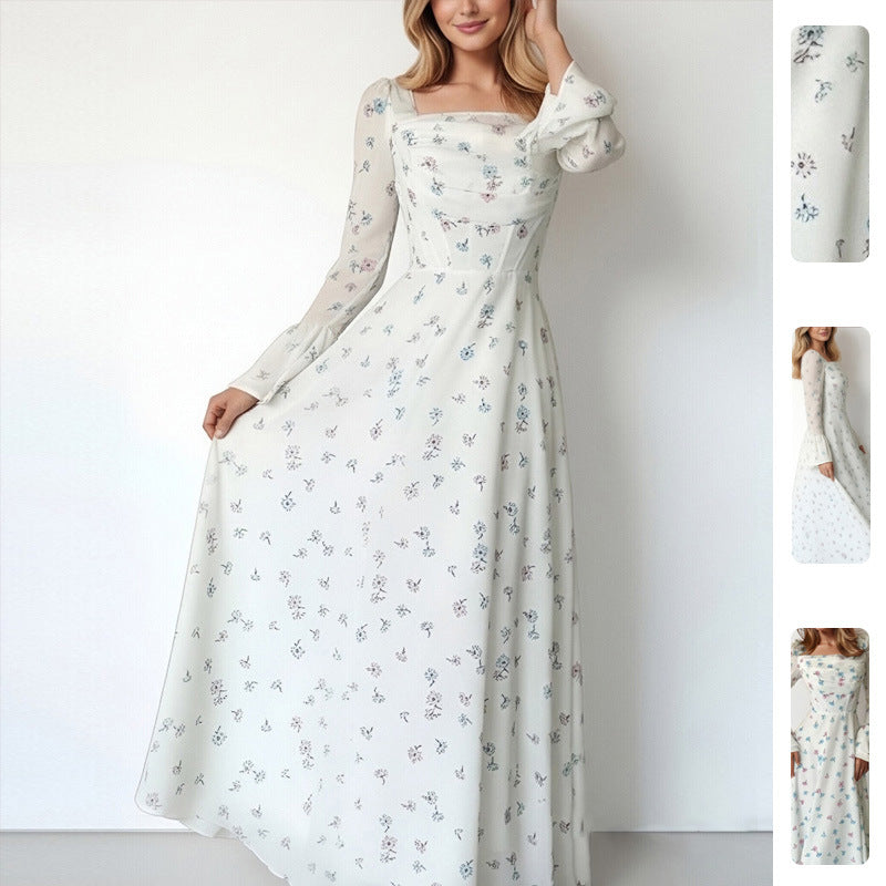 Kvinnors Elegant Maxi Klänning med Blommiga Applikationer och Voluminösa Ärmar Mirla-Eva Jonsson