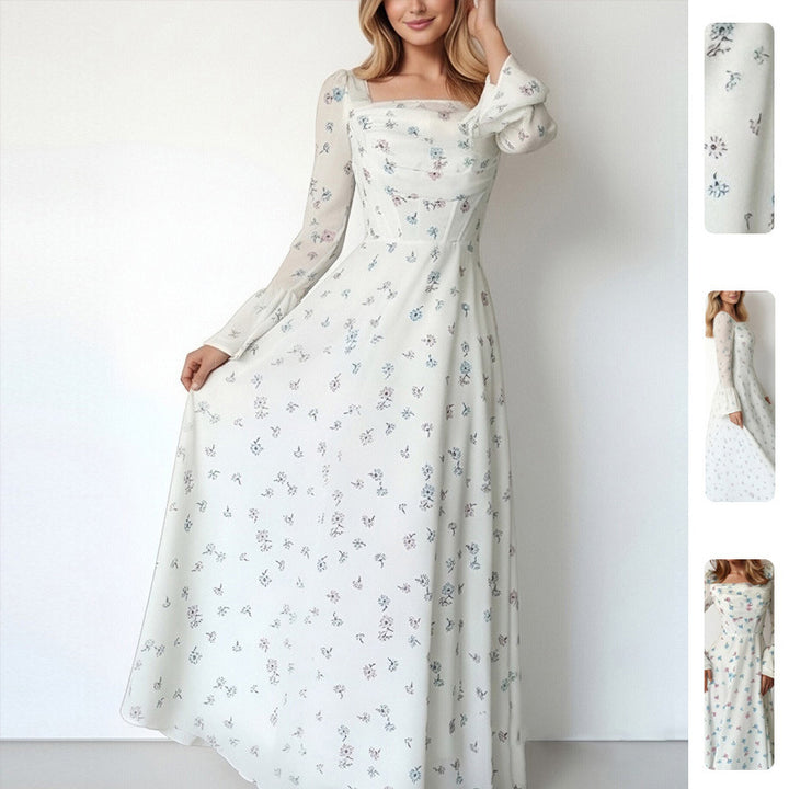 Kvinnors Elegant Maxi Klänning med Blommiga Applikationer och Voluminösa Ärmar Mirla-Eva Jonsson