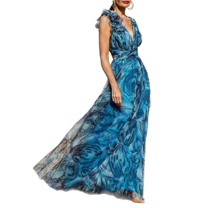 Kvinnors Elegant Maxi Klänning med Delikata Rynk Detaljer och Ogenomskinlig Chiffong-Eva Jonsson
