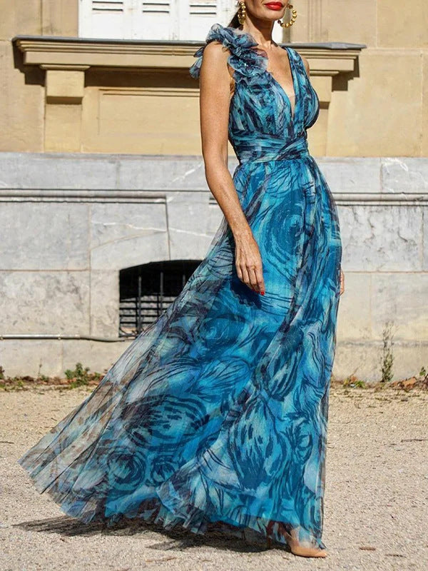 Kvinnors Elegant Maxi Klänning med Delikata Rynk Detaljer och Ogenomskinlig Chiffong-Eva Jonsson