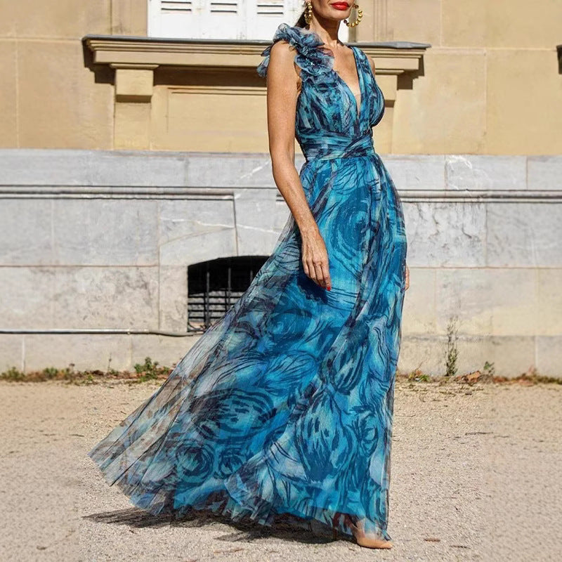 Kvinnors Elegant Maxi Klänning med Delikata Rynk Detaljer och Ogenomskinlig Chiffong-Eva Jonsson
