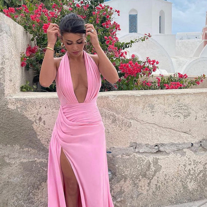 Kvinnors Elegant Maxi Klänning med Djup V-Hals och Hög Slits-Eva Jonsson