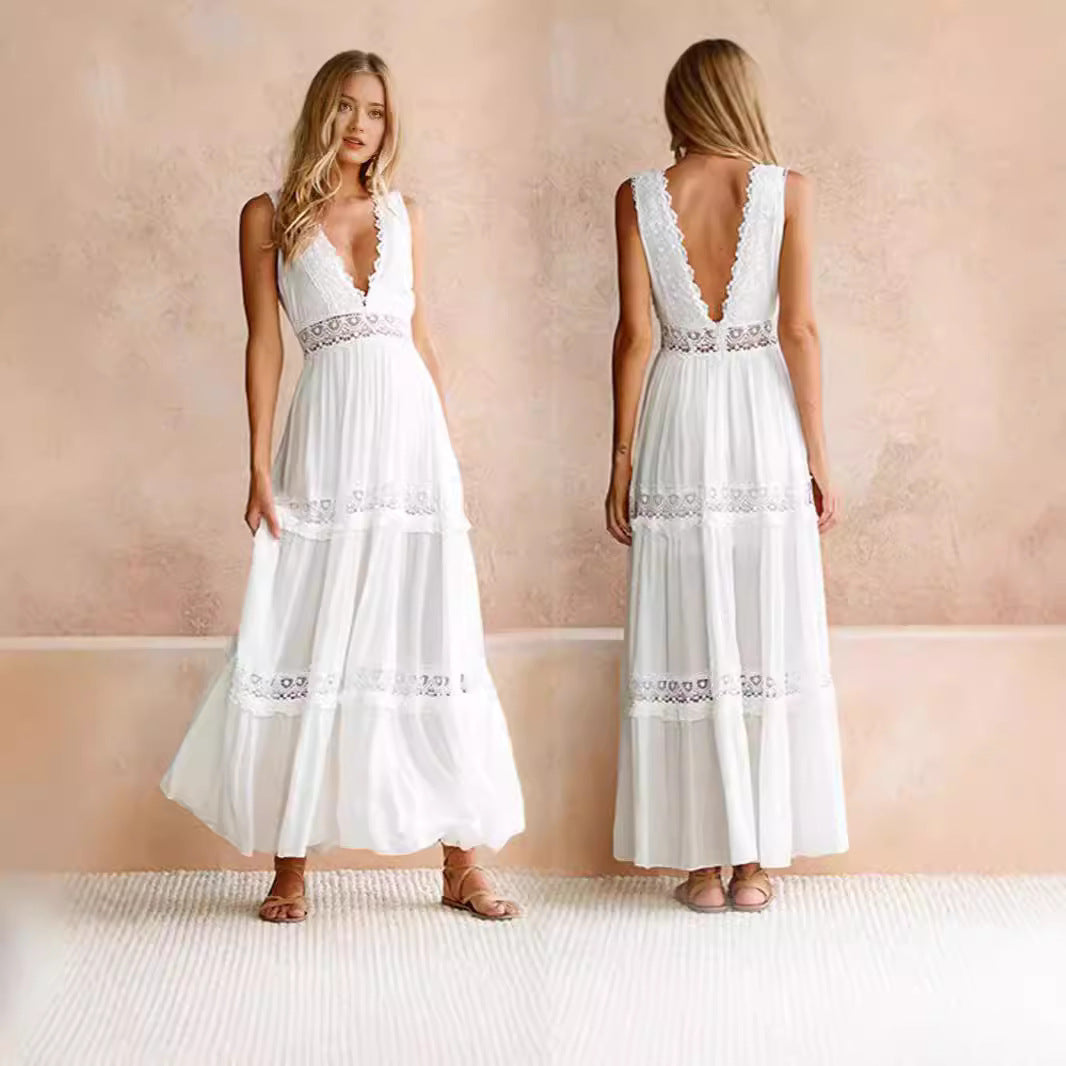 Kvinnors Elegant Maxi Klänning med Djup V-Hals och Lekfulla Virkade Applikationer-Eva Jonsson