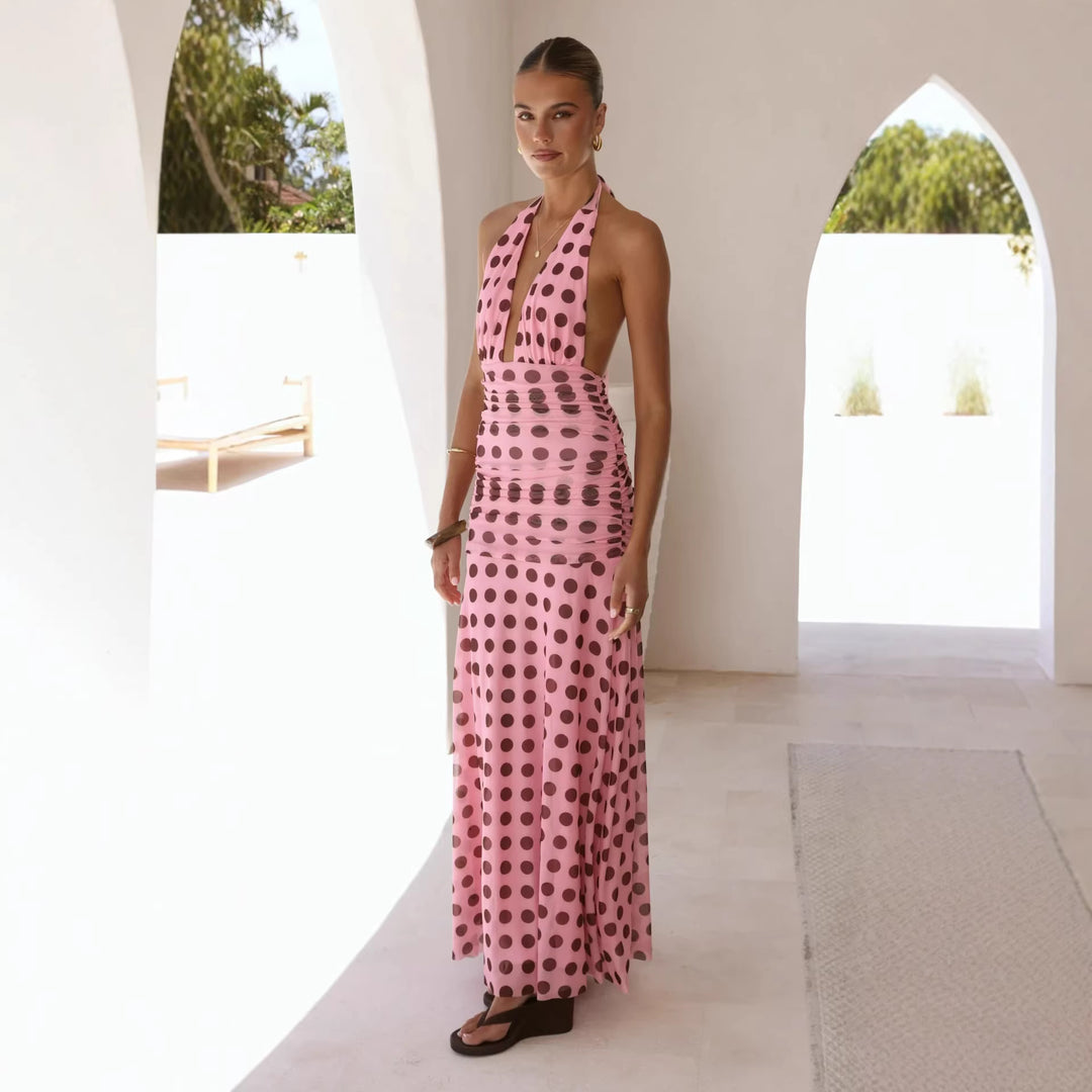 Kvinnors Elegant Maxi Klänning med Djup V-Hals och Moderiktig Prickig Design-Eva Jonsson