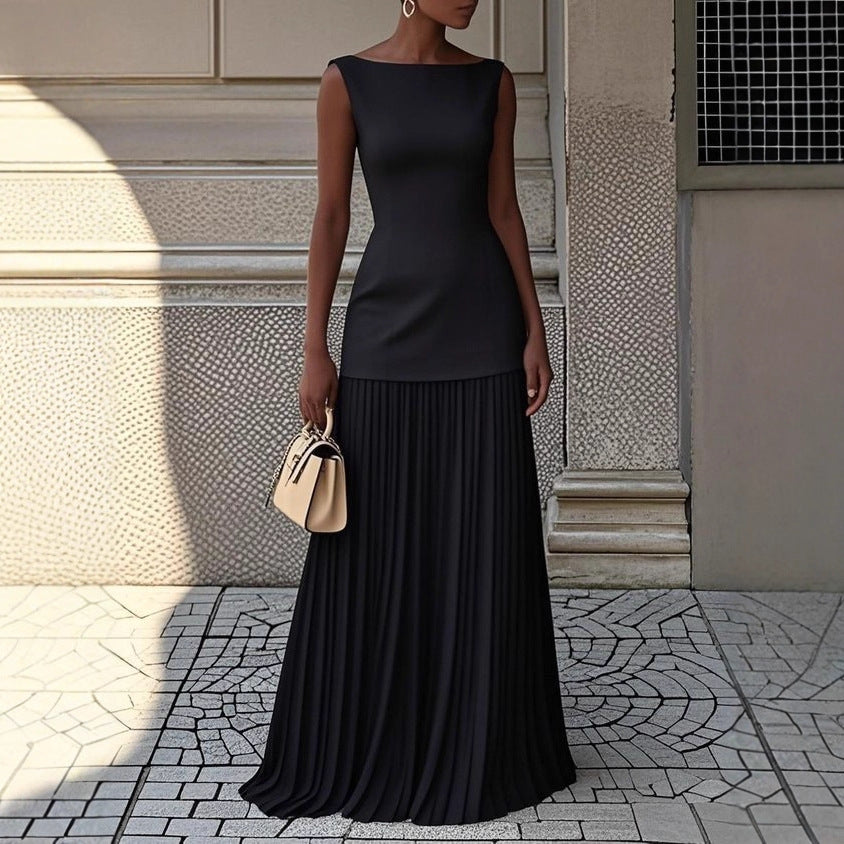 Kvinnors Elegant Maxi Klänning med Högt Skärp och Plisserad Kjol-Eva Jonsson
