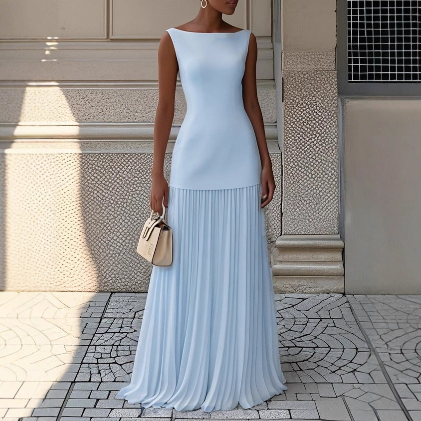 Kvinnors Elegant Maxi Klänning med Högt Skärp och Plisserad Kjol-Eva Jonsson