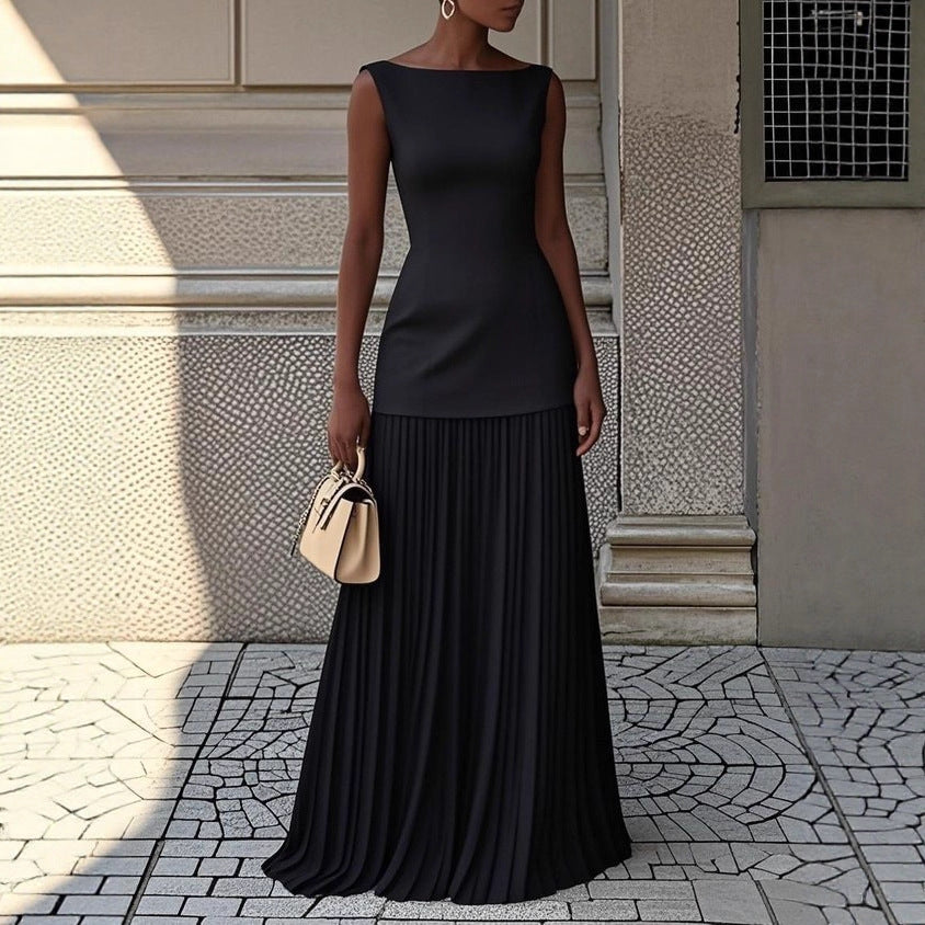 Kvinnors Elegant Maxi Klänning med Högt Skärp och Plisserad Kjol-Eva Jonsson
