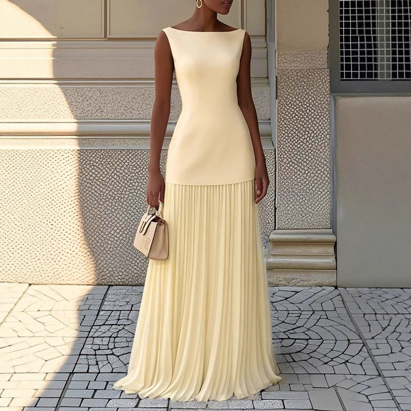 Kvinnors Elegant Maxi Klänning med Högt Skärp och Plisserad Kjol-Eva Jonsson