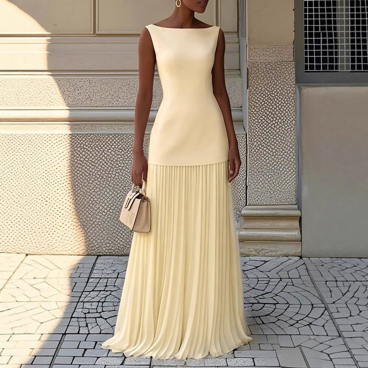 Kvinnors Elegant Maxi Klänning med Högt Skärp och Plisserad Kjol-Eva Jonsson