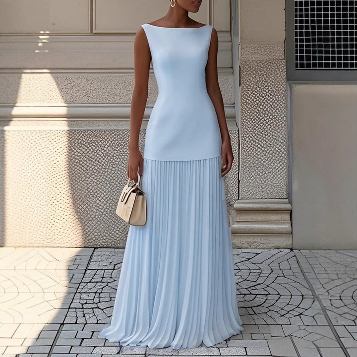 Kvinnors Elegant Maxi Klänning med Högt Skärp och Plisserad Kjol-Eva Jonsson