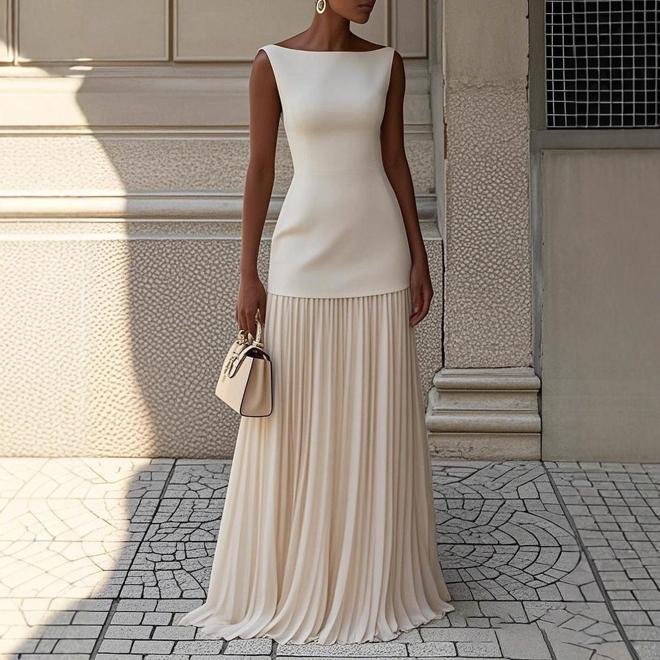 Kvinnors Elegant Maxi Klänning med Högt Skärp och Plisserad Kjol-Eva Jonsson