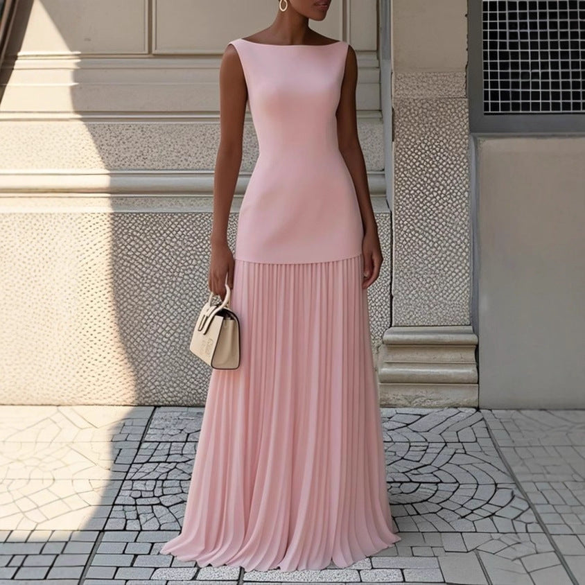 Kvinnors Elegant Maxi Klänning med Högt Skärp och Plisserad Kjol-Eva Jonsson