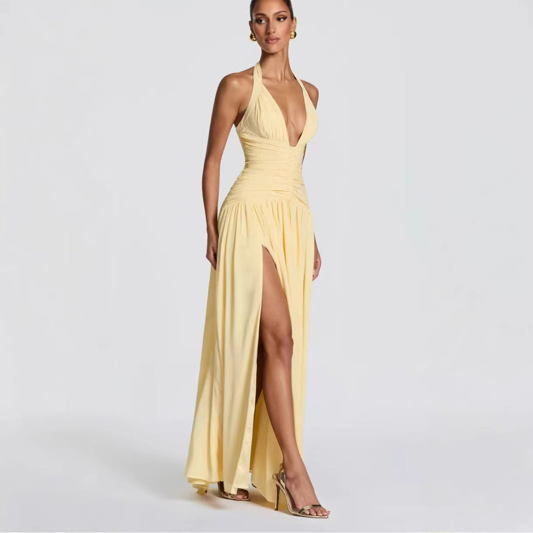 Kvinnors Elegant Maxi Klänning med Invikning Design och V-Hals-Eva Jonsson