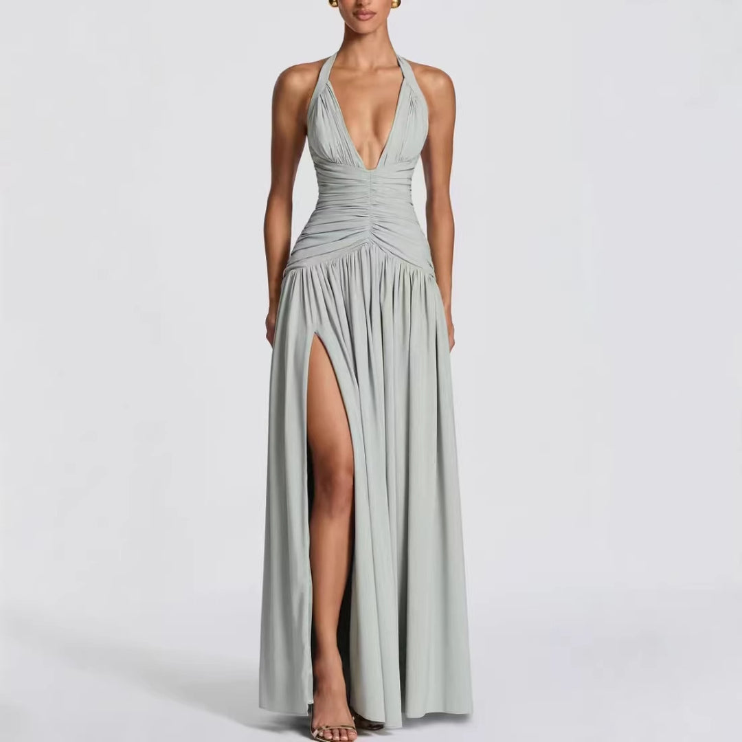 Kvinnors Elegant Maxi Klänning med Invikning Design och V-Hals-Eva Jonsson