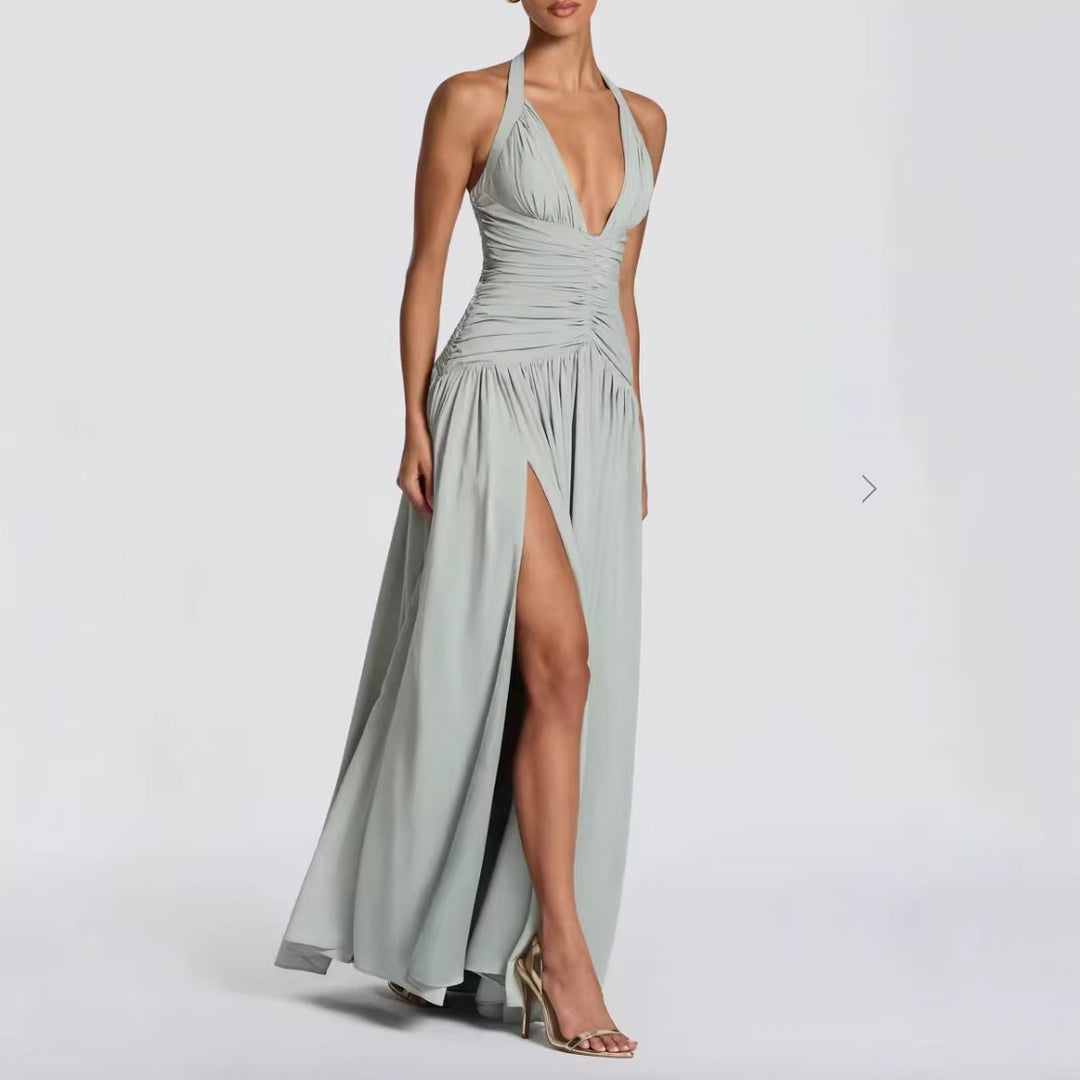 Kvinnors Elegant Maxi Klänning med Invikning Design och V-Hals-Eva Jonsson
