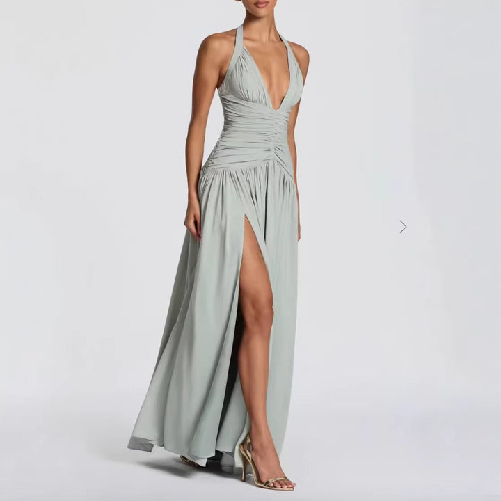 Kvinnors Elegant Maxi Klänning med Invikning Design och V-Hals-Eva Jonsson