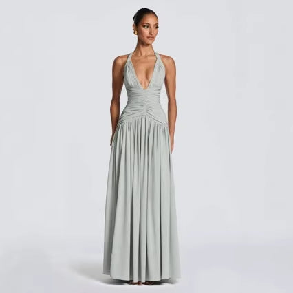 Kvinnors Elegant Maxi Klänning med Invikning Design och V-Hals-Eva Jonsson