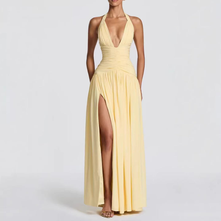 Kvinnors Elegant Maxi Klänning med Invikning Design och V-Hals-Eva Jonsson