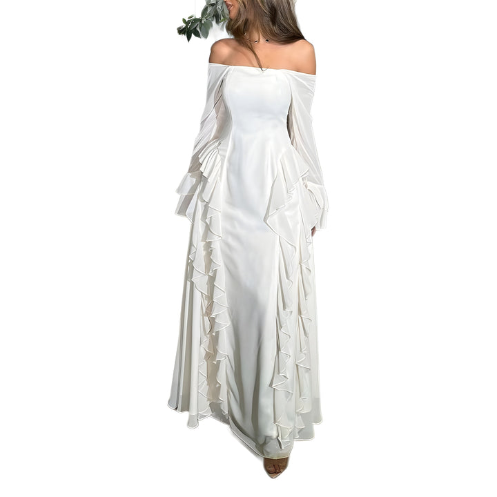 Kvinnors Elegant Maxi Klänning med Off-Shoulder Ärmar och Volangdetaljer Mirla-Eva Jonsson