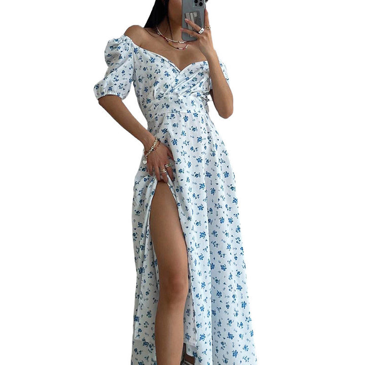 Kvinnors Elegant Maxi Klänning med Puffärmar och Blommönster Mirla-Eva Jonsson