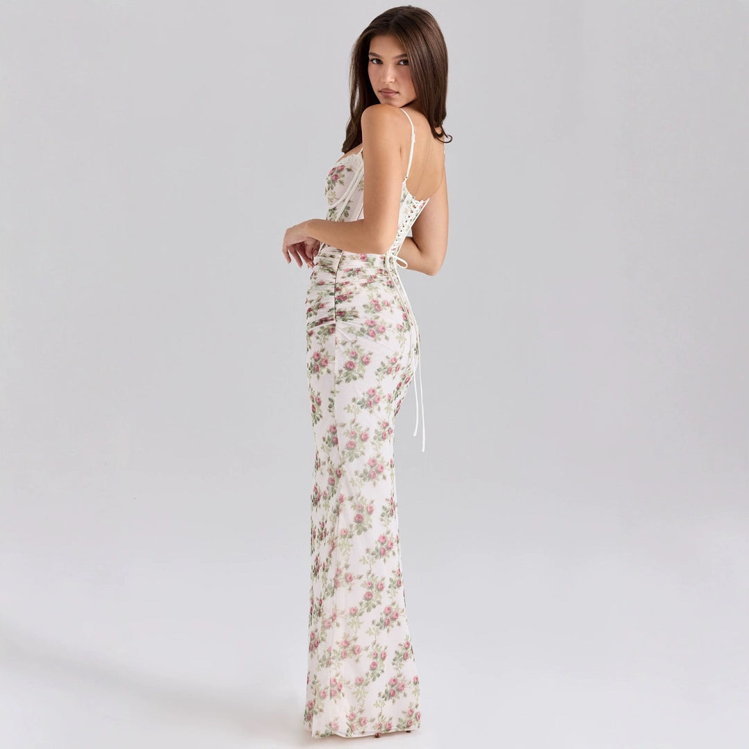 Kvinnors Elegant Maxi Klänning med Spetskorsett och Blommigt Mönster Mirla-Eva Jonsson