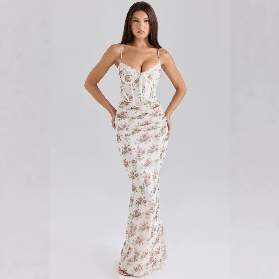 Kvinnors Elegant Maxi Klänning med Spetskorsett och Blommigt Mönster Mirla-Eva Jonsson