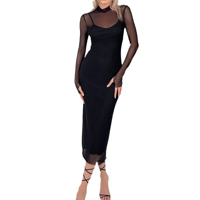Kvinnors Elegant Maxi Klänning med Transparenta Ärmar och Figursmickrande Skärning-Eva Jonsson