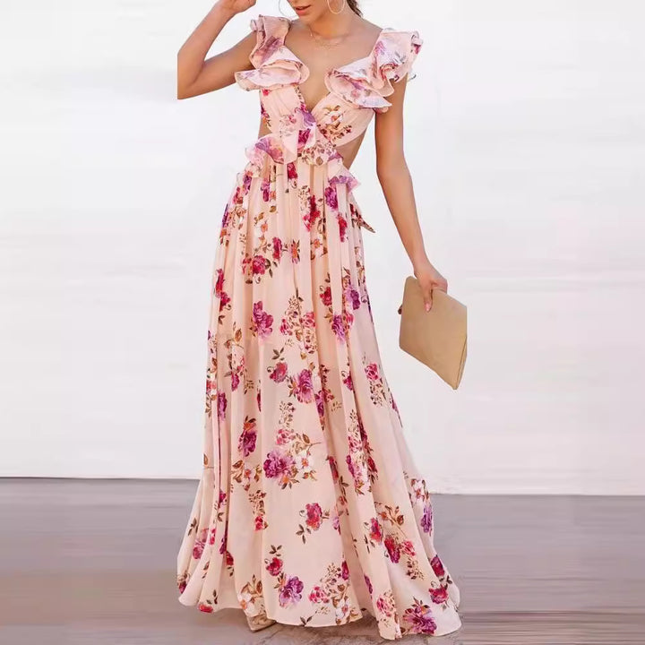 Kvinnors Elegant Maxi Klänning med Volangdetaljer och Blommönster-Eva Jonsson