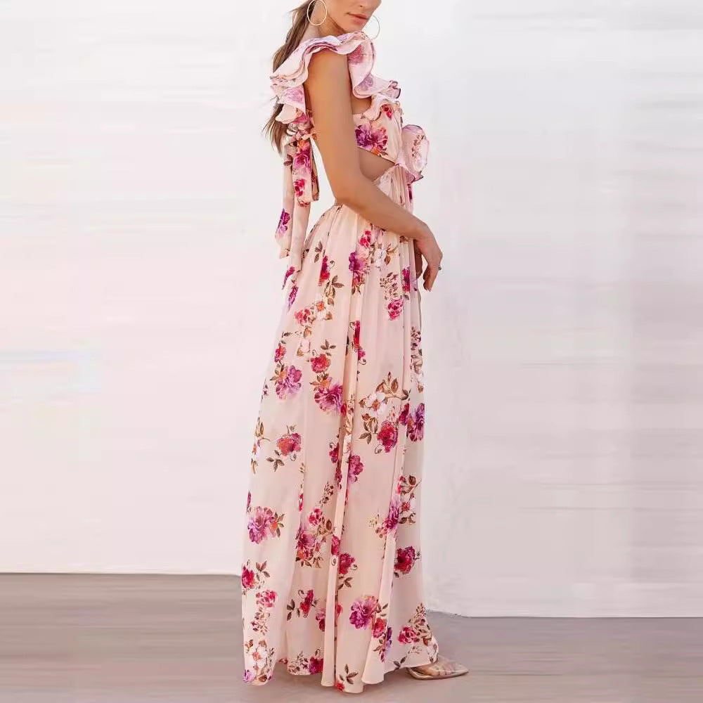 Kvinnors Elegant Maxi Klänning med Volangdetaljer och Blommönster-Eva Jonsson