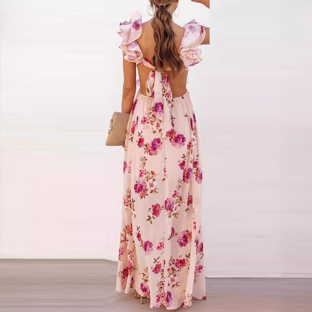 Kvinnors Elegant Maxi Klänning med Volangdetaljer och Blommönster-Eva Jonsson
