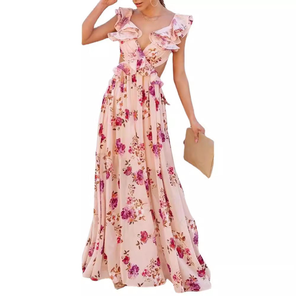 Kvinnors Elegant Maxi Klänning med Volangdetaljer och Blommönster-Eva Jonsson