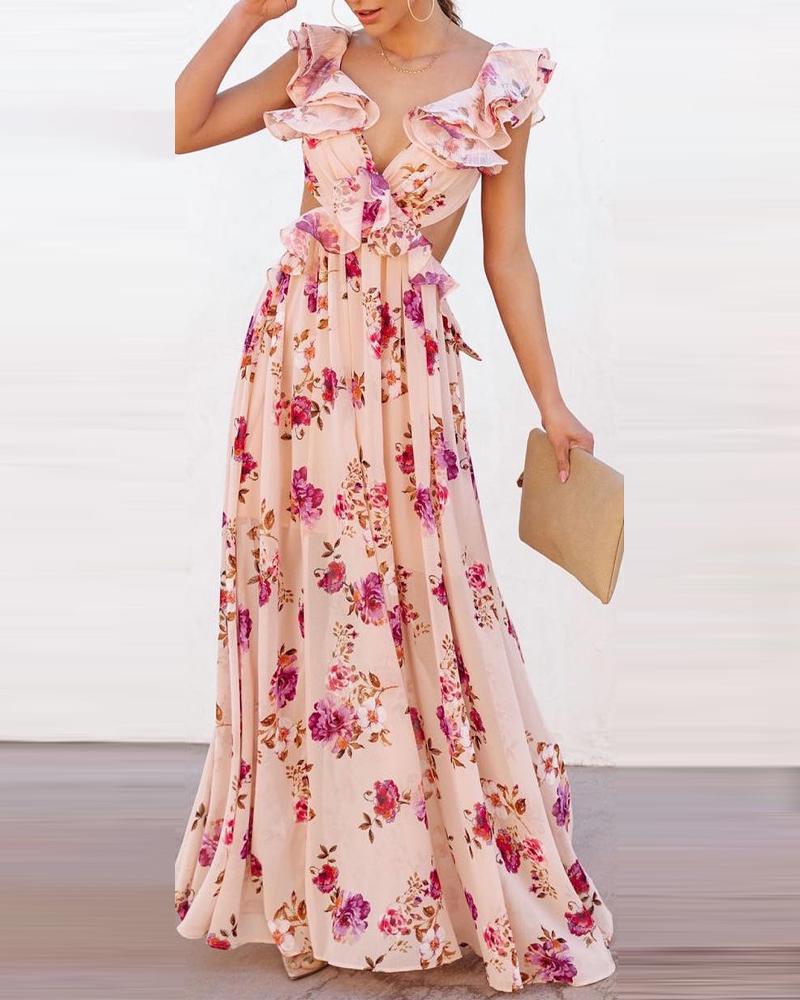 Kvinnors Elegant Maxi Klänning med Volangdetaljer och Blommönster-Eva Jonsson
