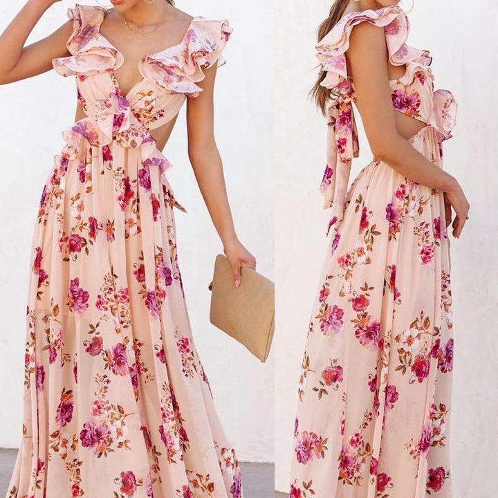 Kvinnors Elegant Maxi Klänning med Volangdetaljer och Blommönster-Eva Jonsson