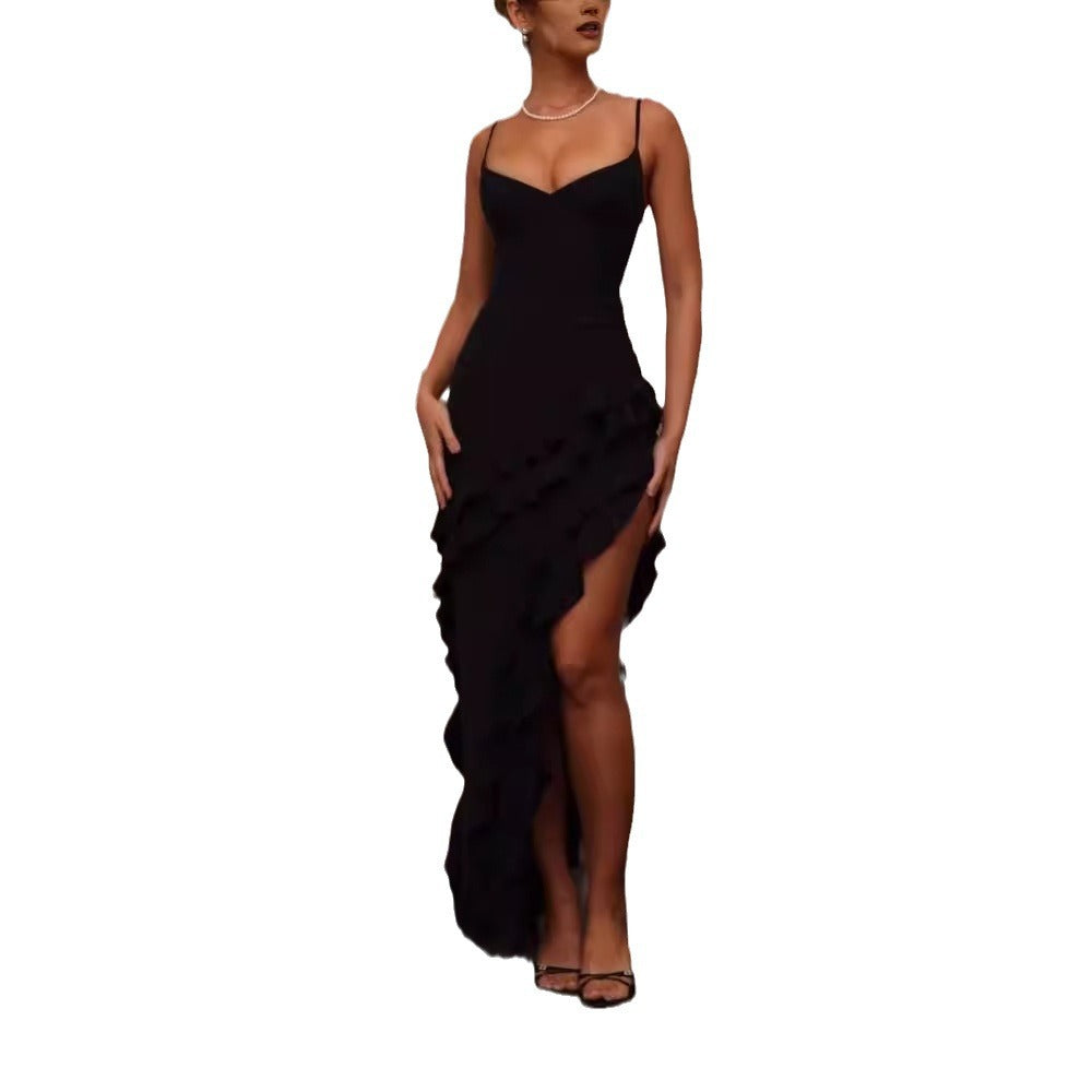 Kvinnors Elegant Maxi Klänning med Voluminösa Rynkdetaljer och Sexy Slits-Eva Jonsson