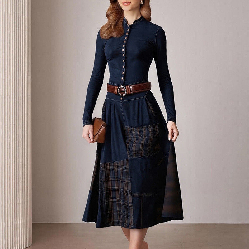 Kvinnors Elegant Midi Klänning med Knappslå och Kontrast Detaljer Mirla-Eva Jonsson