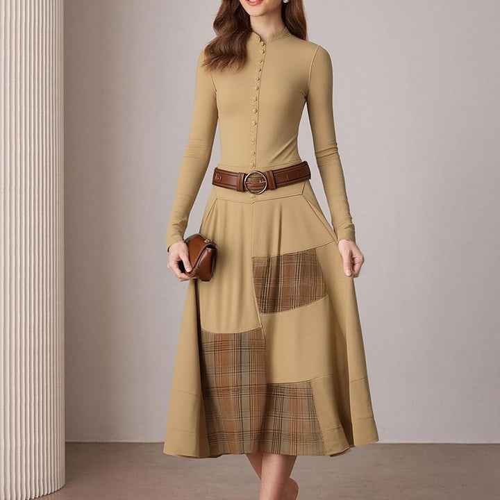 Kvinnors Elegant Midi Klänning med Knappslå och Kontrast Detaljer Mirla-Eva Jonsson