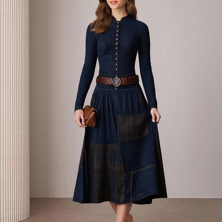 Kvinnors Elegant Midi Klänning med Knappslå och Kontrast Detaljer Mirla-Eva Jonsson