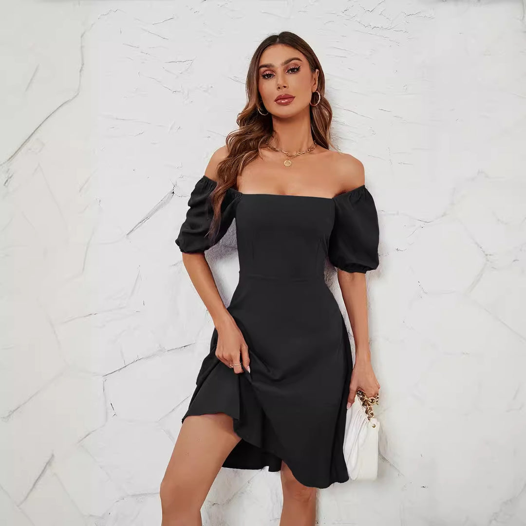 Kvinnors Elegant Off-Shoulder Klänning med Voluminösa Puffärmar och Asymmetrisk Klipp-Eva Jonsson