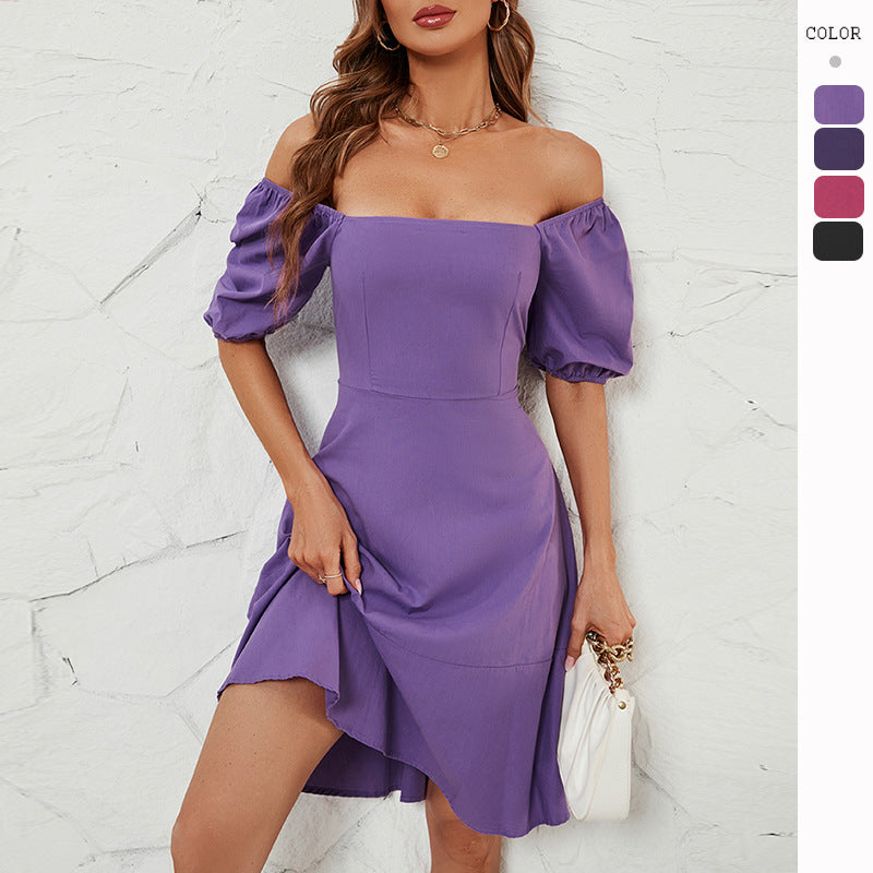 Kvinnors Elegant Off-Shoulder Klänning med Voluminösa Puffärmar och Asymmetrisk Klipp-Eva Jonsson