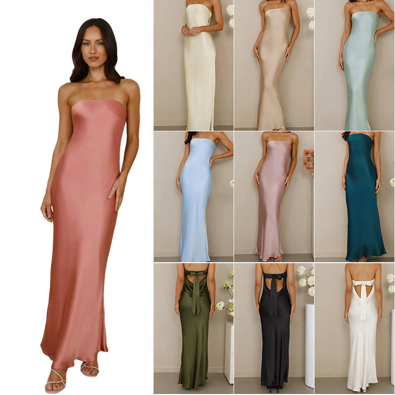Kvinnors Elegant Off-Shoulder Maxi Klänning Gjord av Satin-Liknande Material-Eva Jonsson