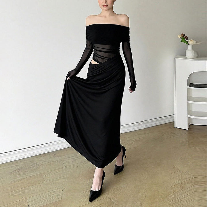 Kvinnors Elegant Off-Shoulder Maxi Klänning med Volangdetaljer och Lång Ärmel Mirla-Eva Jonsson