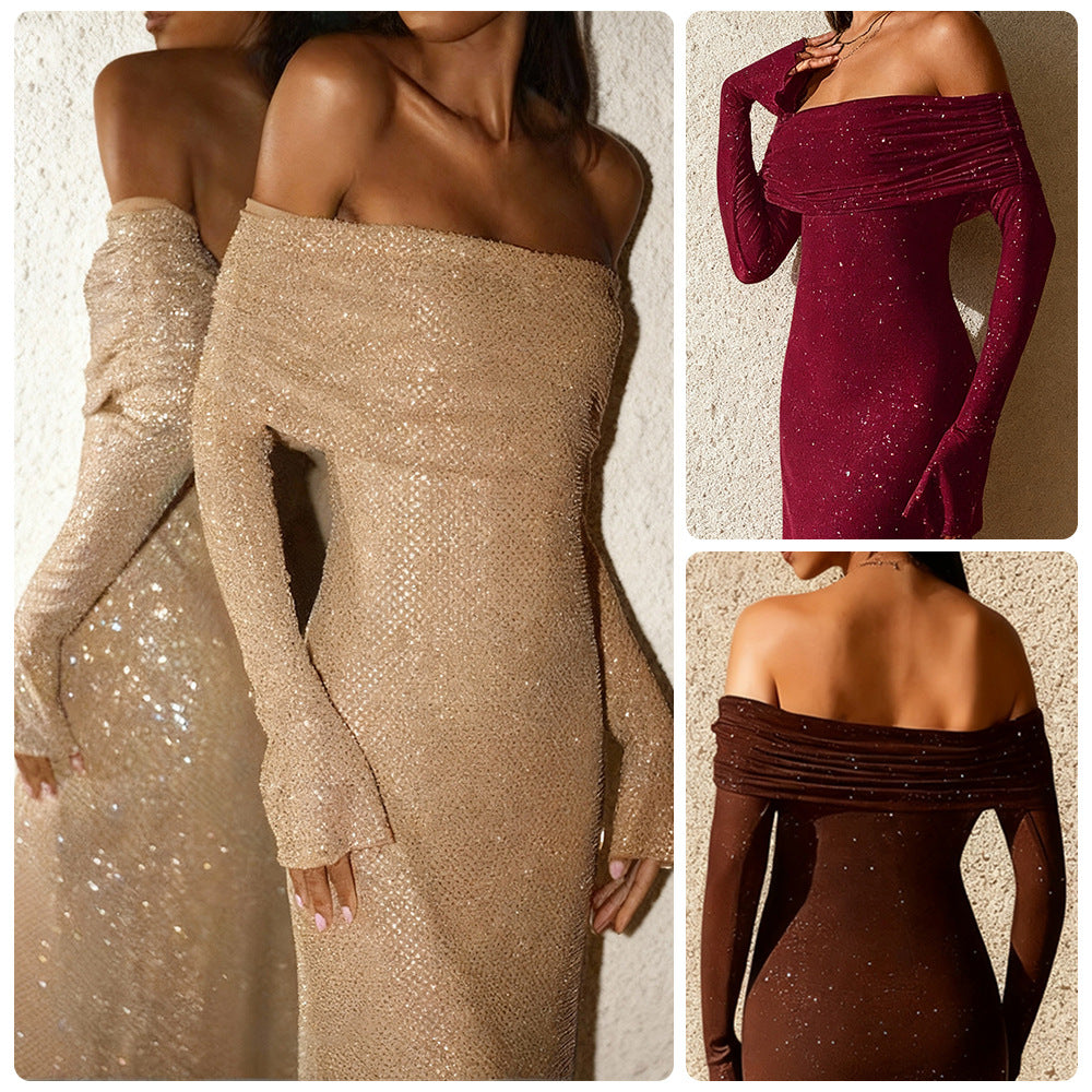 Kvinnors Elegant, Off-the-shoulder Kvällsklänning med Funklande Paljettkant och Figursydd Silhouette-Eva Jonsson