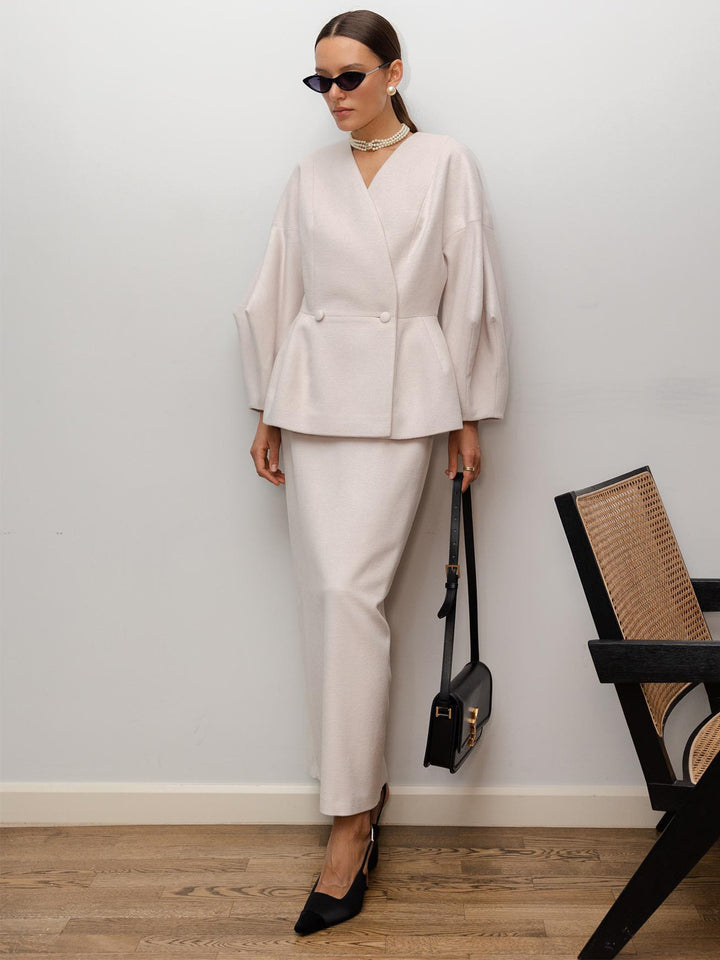 Kvinnors Elegant Pencil Klänning med Chic Blazer Topp och Puffärmar-Eva Jonsson