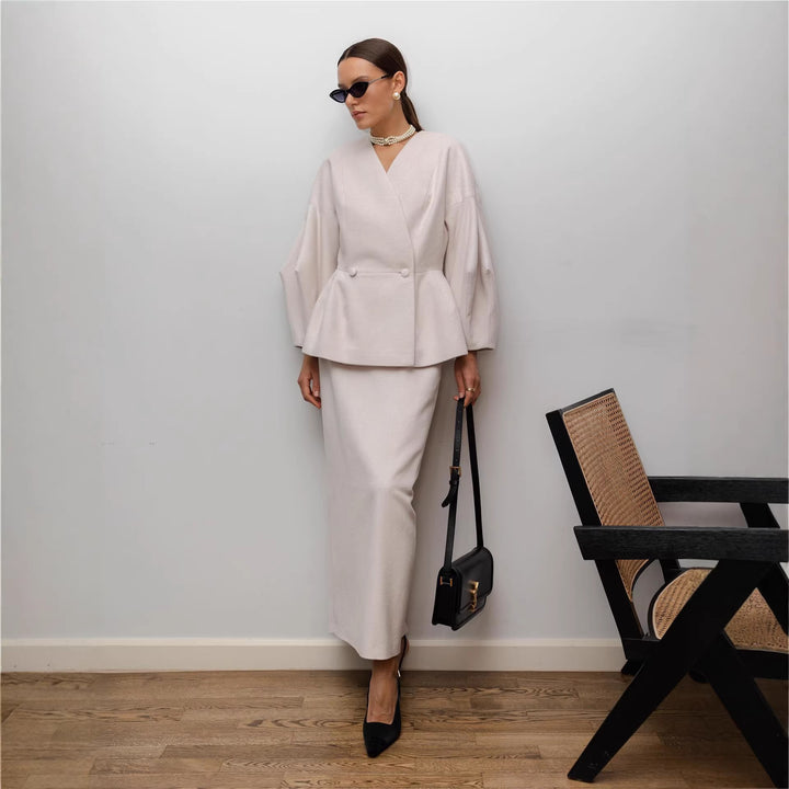 Kvinnors Elegant Pencil Klänning med Chic Blazer Topp och Puffärmar-Eva Jonsson