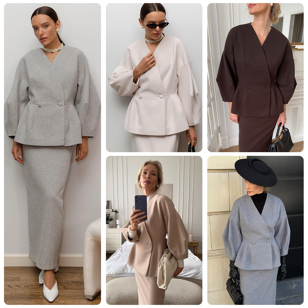 Kvinnors Elegant Pencil Klänning med Chic Blazer Topp och Puffärmar-Eva Jonsson