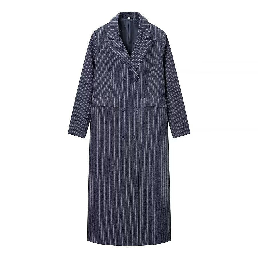 Kvinnors Elegant Randig Trenchcoat med Dubbel Knäppning och Praktiska Fickor Mirla-Eva Jonsson